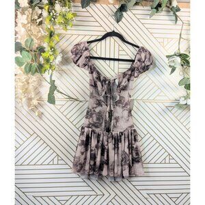 BOUTIQUE BRAND Women's Rose Frilly Mini Dress With Shorts Under Tie Front S NEW